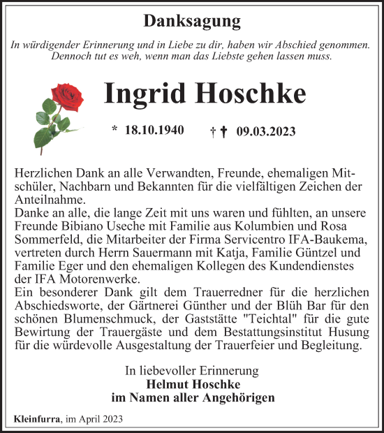 Traueranzeige von Ingrid Hoschke von Thüringer Allgemeine