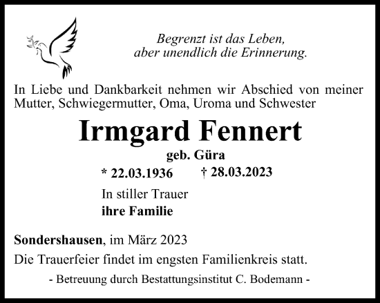 Traueranzeige von Irmgard Fennert