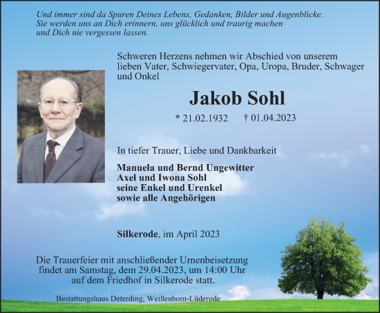 Traueranzeige von Jakob Sohl von Thüringer Allgemeine