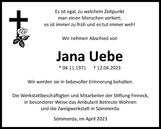 Traueranzeige von Jana Uebe von Thüringer Allgemeine