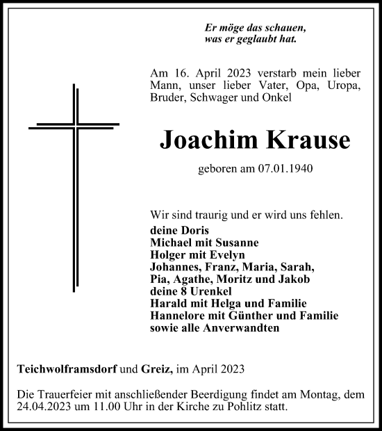 Traueranzeige von Joachim Krause von Ostthüringer Zeitung