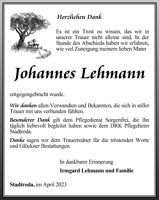 Traueranzeigen von Johannes Lehmann trauerinthueringen.de