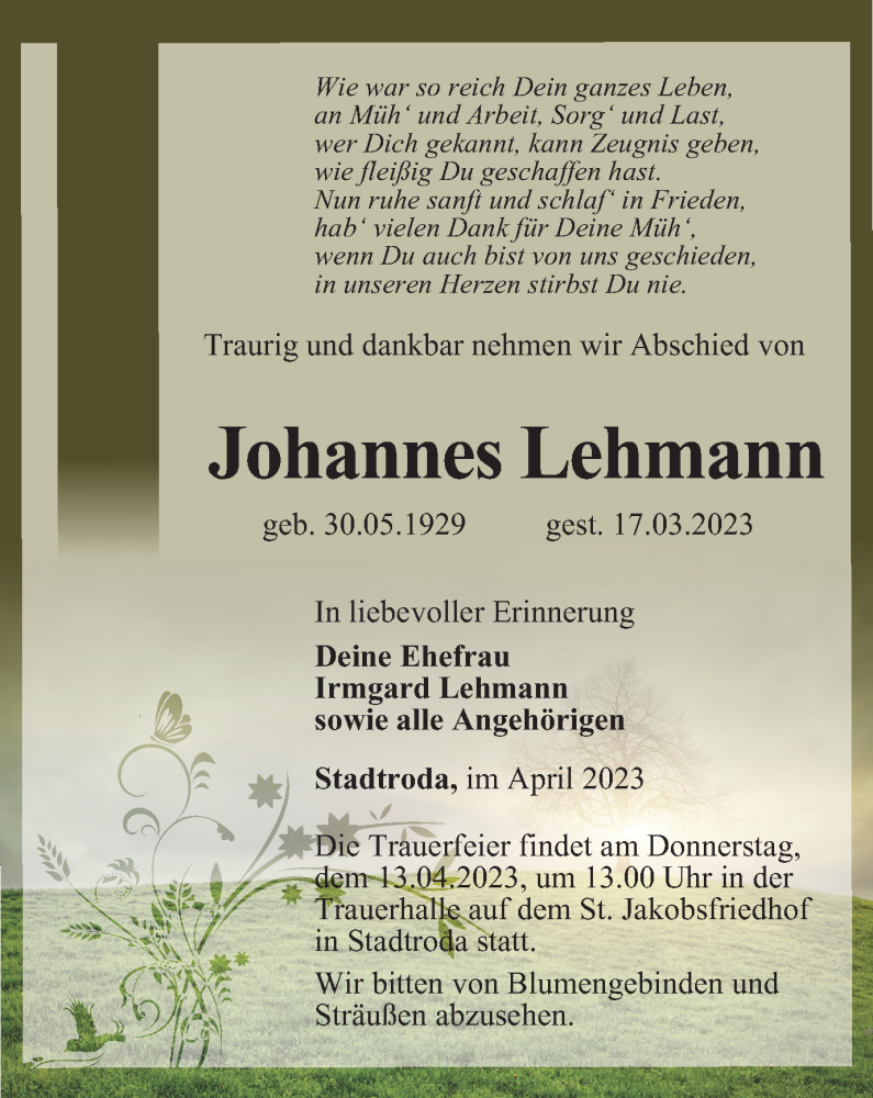 Traueranzeigen von Johannes Lehmann trauerinthueringen.de