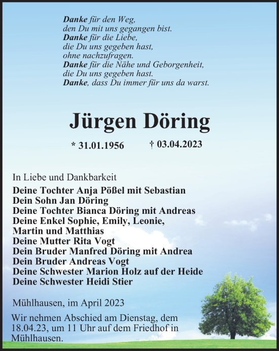 Traueranzeige von Jürgen Döring von Thüringer Allgemeine, Thüringische Landeszeitung