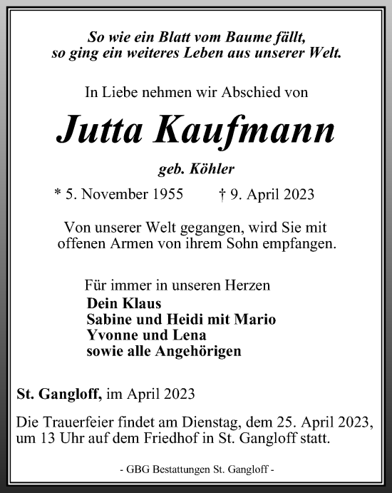 Traueranzeige von Jutta Kaufmann von Ostthüringer Zeitung