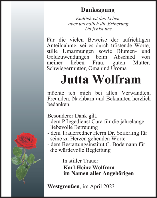 Traueranzeige von Jutta Wolfram