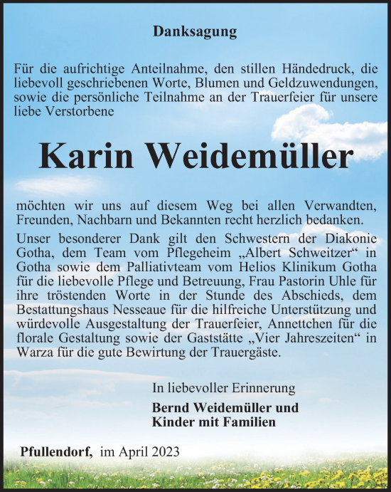 Traueranzeige von Karin Weidemüller von Thüringer Allgemeine, Thüringische Landeszeitung