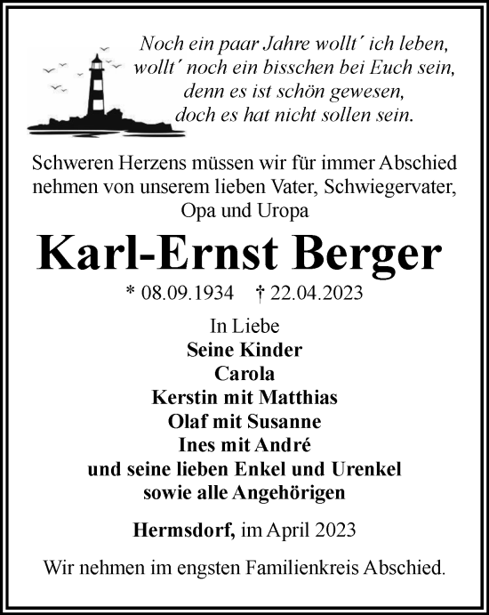 Traueranzeige von Karl-Ernst Berger von Ostthüringer Zeitung