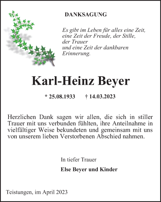 Traueranzeige von Karl-Heinz Beyer von Thüringer Allgemeine