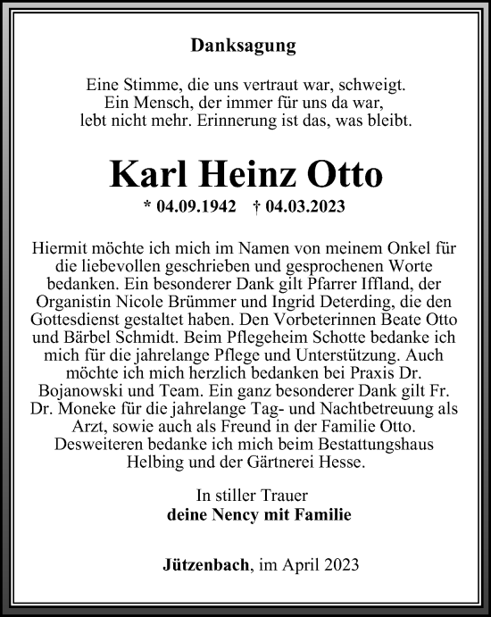 Traueranzeige von Karl Heinz Otto von Thüringer Allgemeine