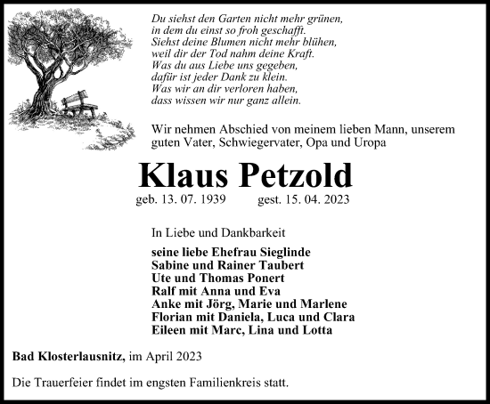 Traueranzeige von Klaus Petzold von Ostthüringer Zeitung