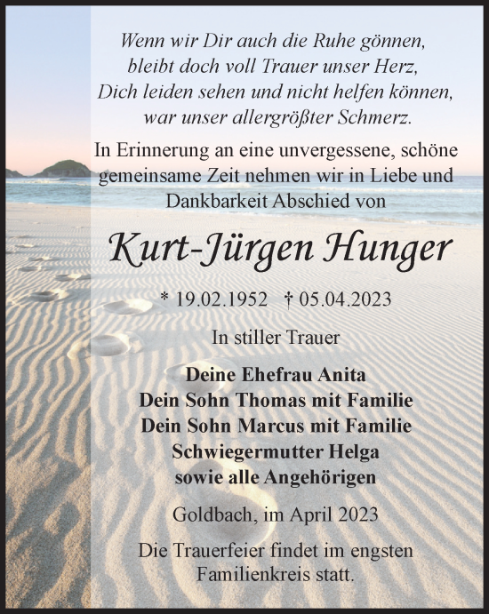 Traueranzeige von Kurt-Jürgen Hunger von Thüringer Allgemeine, Thüringische Landeszeitung