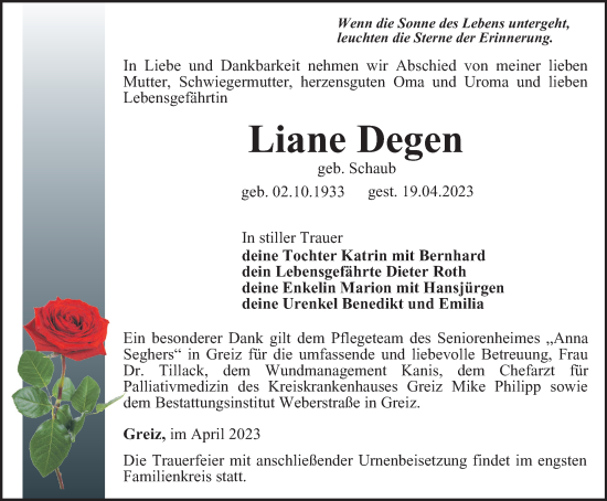 Traueranzeige von Liane Degen von Ostthüringer Zeitung