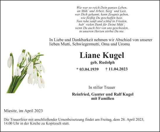 Traueranzeige von Liane Kugel