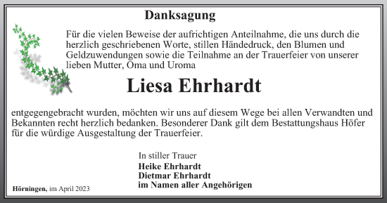 Traueranzeige von Liesa Ehrhardt von Thüringer Allgemeine