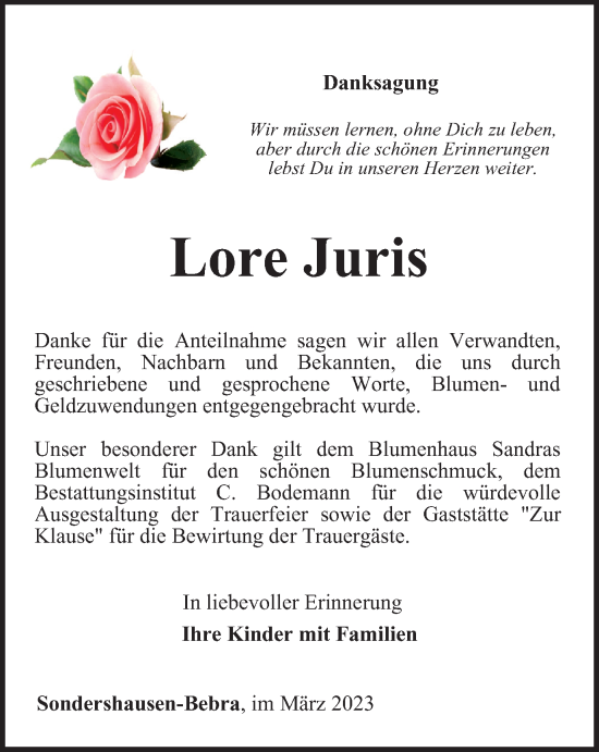 Traueranzeige von Lore Juris