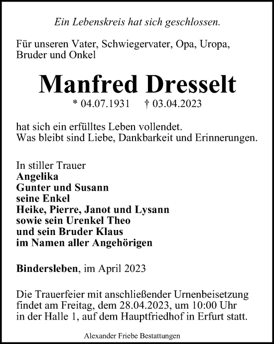 Traueranzeige von Manfred Dresselt