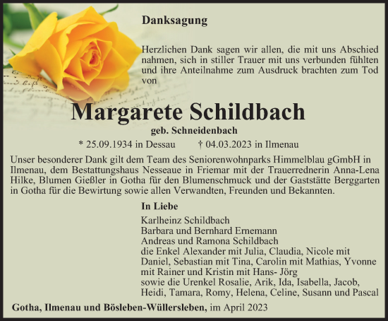 Traueranzeige von Margarete Schildbach von Thüringer Allgemeine, Thüringische Landeszeitung