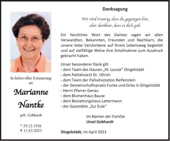 Traueranzeige von Marianne Nantke von Thüringer Allgemeine