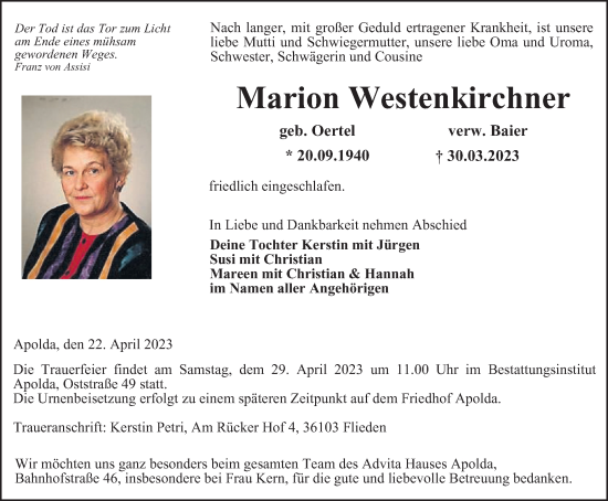 Traueranzeige von Marion Westenkirchner von Thüringer Allgemeine, Thüringische Landeszeitung