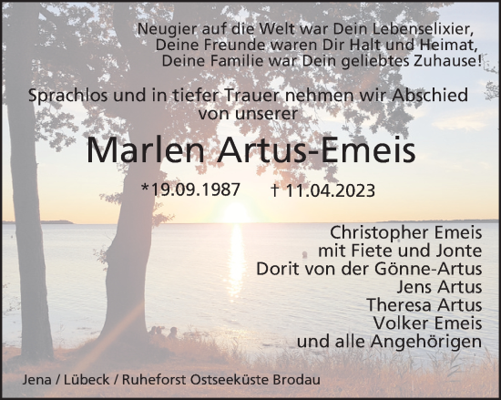 Traueranzeige von Marlen Artus-Emeis von Ostthüringer Zeitung, Thüringische Landeszeitung