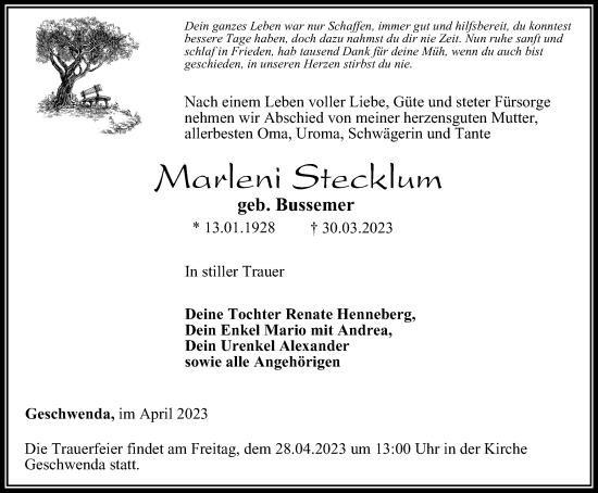 Traueranzeige von Marleni Stecklum von Thüringer Allgemeine