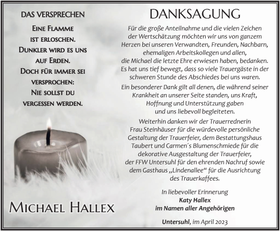 Traueranzeige von Michael Hallex von Thüringer Allgemeine, Thüringische Landeszeitung