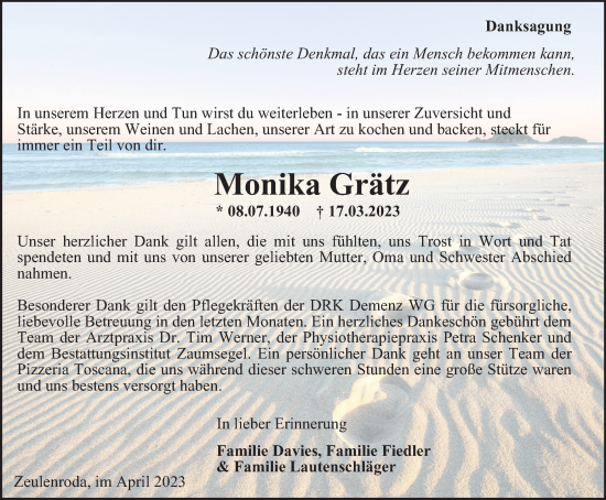 Traueranzeige von Monika Grätz von Ostthüringer Zeitung