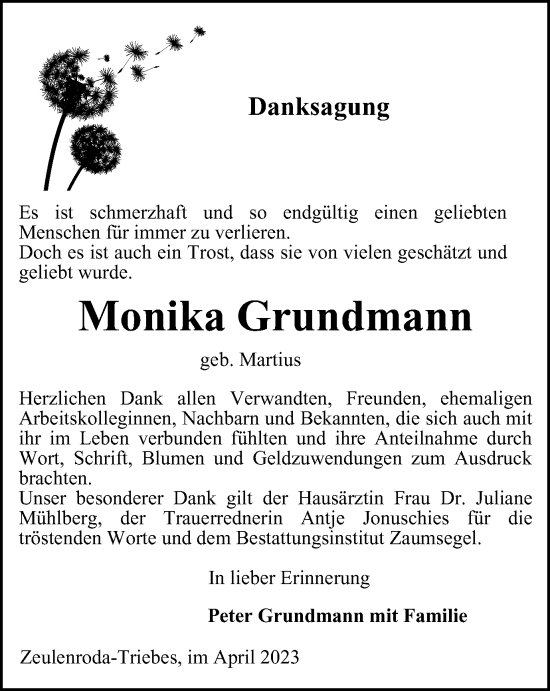 Traueranzeige von Monika Grundmann von Ostthüringer Zeitung