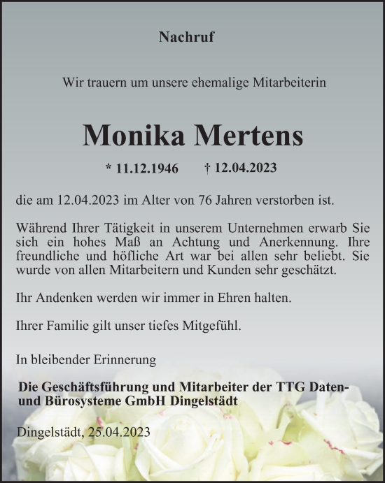 Traueranzeige von Monika Mertens von Thüringer Allgemeine