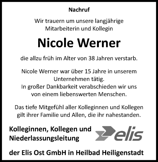 Traueranzeige von Nicole Werner von Thüringer Allgemeine