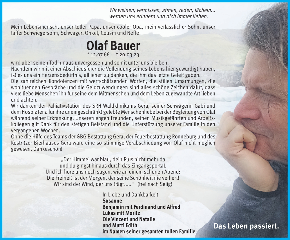  Traueranzeige für Olaf Bauer vom 13.04.2023 aus Ostthüringer Zeitung