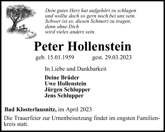 Traueranzeige von Peter Hollenstein von Ostthüringer Zeitung