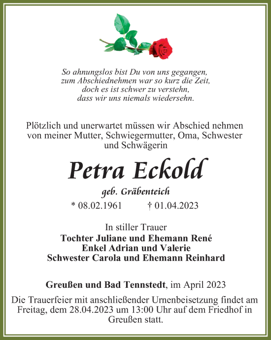 Traueranzeige von Petra Eckold von Thüringer Allgemeine