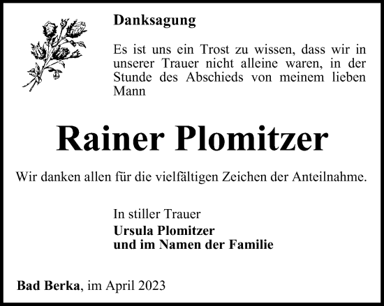 Traueranzeige von Rainer Plomitzer von Thüringer Allgemeine, Thüringische Landeszeitung