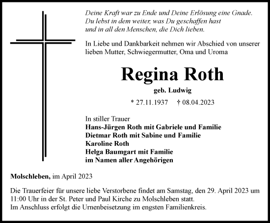 Traueranzeige von Regina Roth von Thüringer Allgemeine, Thüringische Landeszeitung