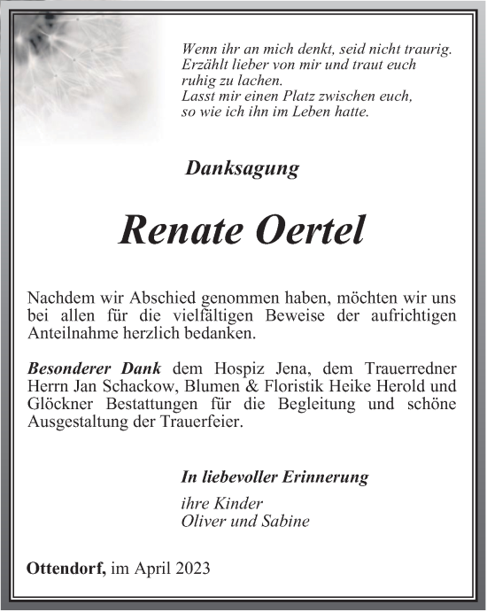 Traueranzeige von Renate Oertel von Ostthüringer Zeitung