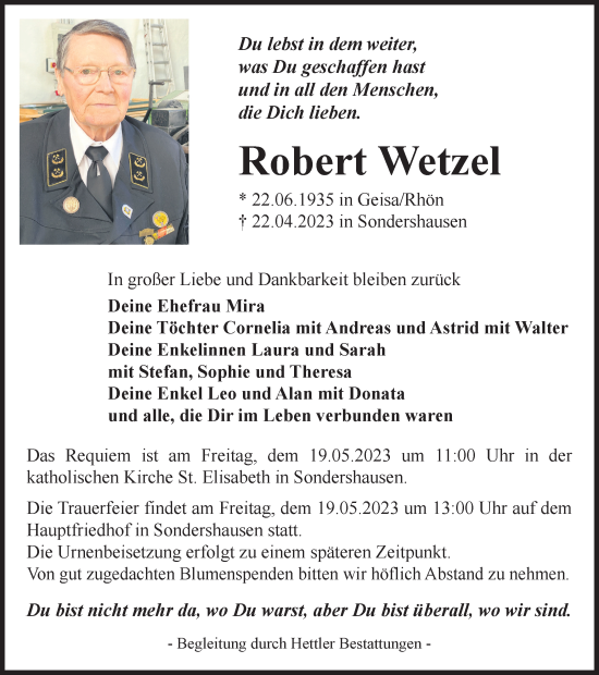 Traueranzeige von Robert Wetzel von Thüringer Allgemeine, Thüringische Landeszeitung