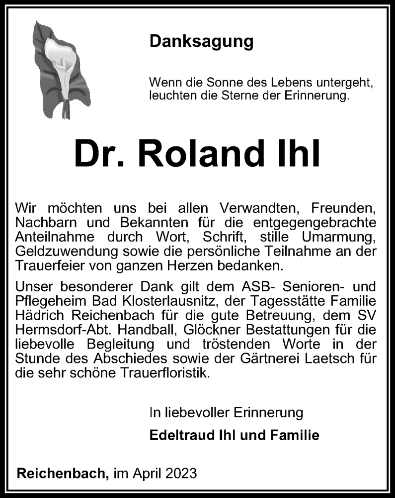  Traueranzeige für Roland Ihl vom 08.04.2023 aus Ostthüringer Zeitung