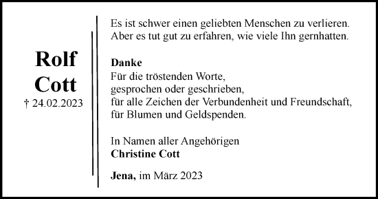 Traueranzeige von Rolf Cott von Ostthüringer Zeitung, Thüringische Landeszeitung