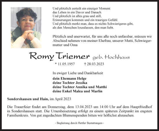 Traueranzeige von Romy Triemer von Thüringer Allgemeine