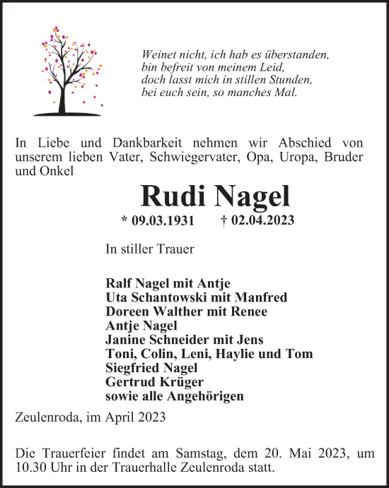 Traueranzeige von Rudi Nagel von Ostthüringer Zeitung