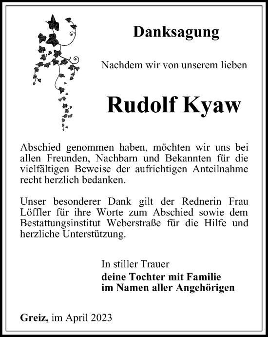 Traueranzeige von Rudolf Kyaw von Ostthüringer Zeitung