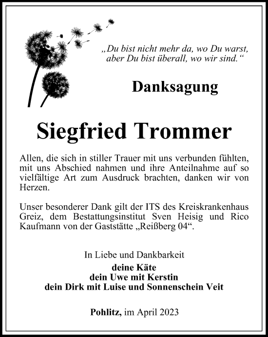 Traueranzeige von Siegfried Trommer von Ostthüringer Zeitung