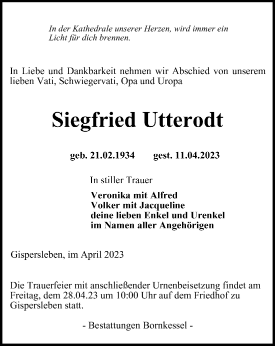 Traueranzeige von Siegfried Utterodt von Thüringer Allgemeine, Thüringische Landeszeitung