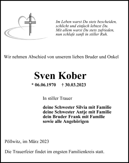 Traueranzeige von Sven Kober von Ostthüringer Zeitung