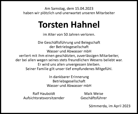 Traueranzeige von Torsten Hahnel von Thüringer Allgemeine