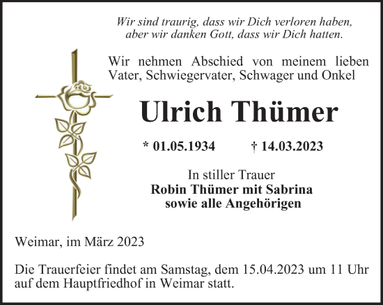 Traueranzeige von Ulrich Thümer von Thüringer Allgemeine, Thüringische Landeszeitung