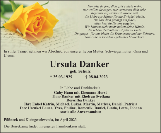 Traueranzeige von Ursula Danker