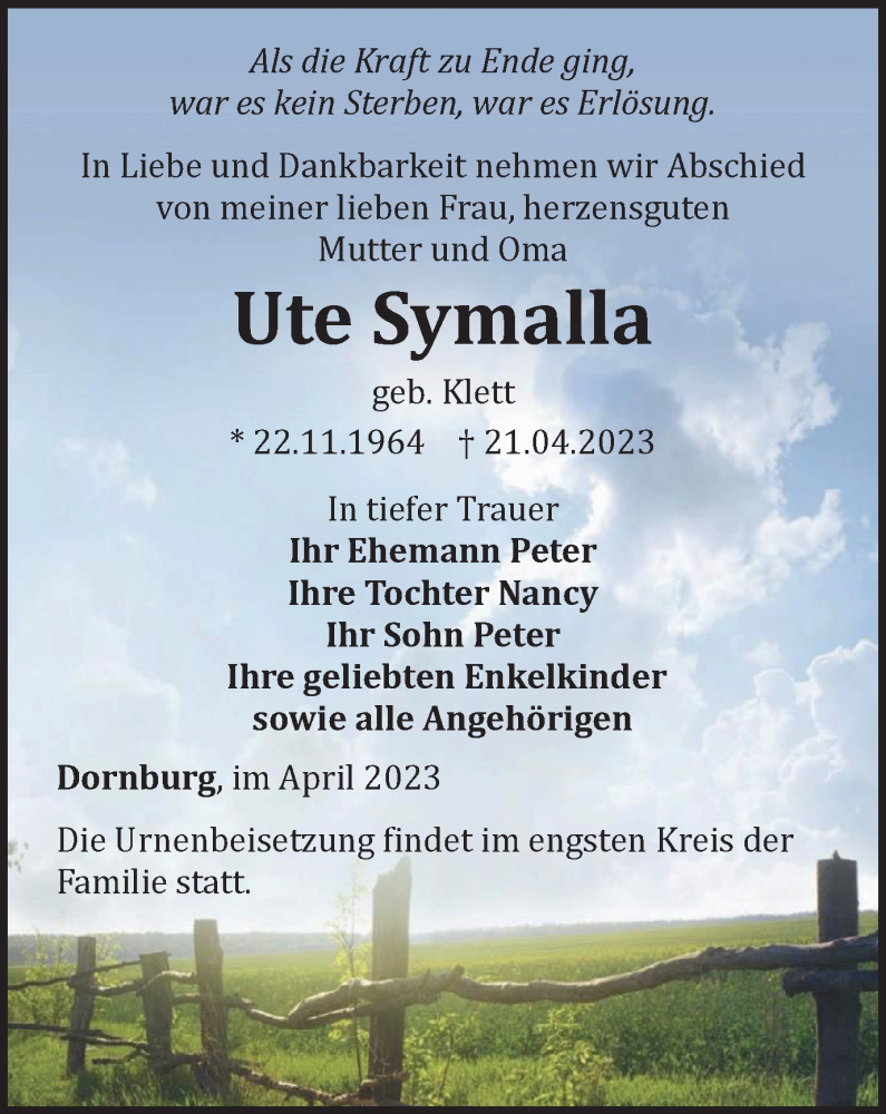  Traueranzeige für Ute Symalla vom 29.04.2023 aus Ostthüringer Zeitung, Thüringische Landeszeitung